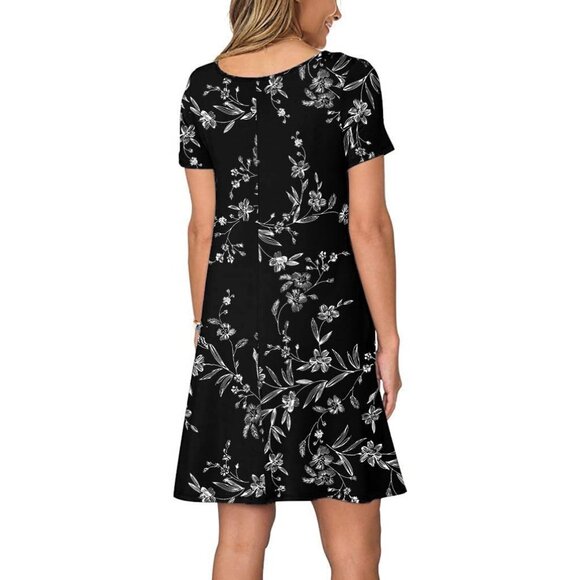 Womens Black Floral Print Short Sleeve Casual A Line Dress With Pockets - Picture 3 of 4